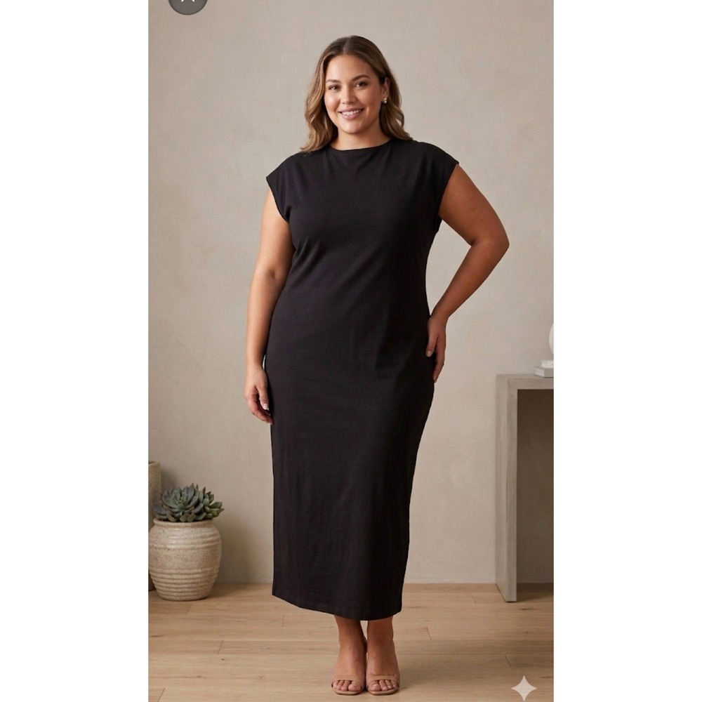 NWT Vince Camuto Plus Sz 3X Rich Black Knit Boat Neck Midi Sheath Dress Goth 90s